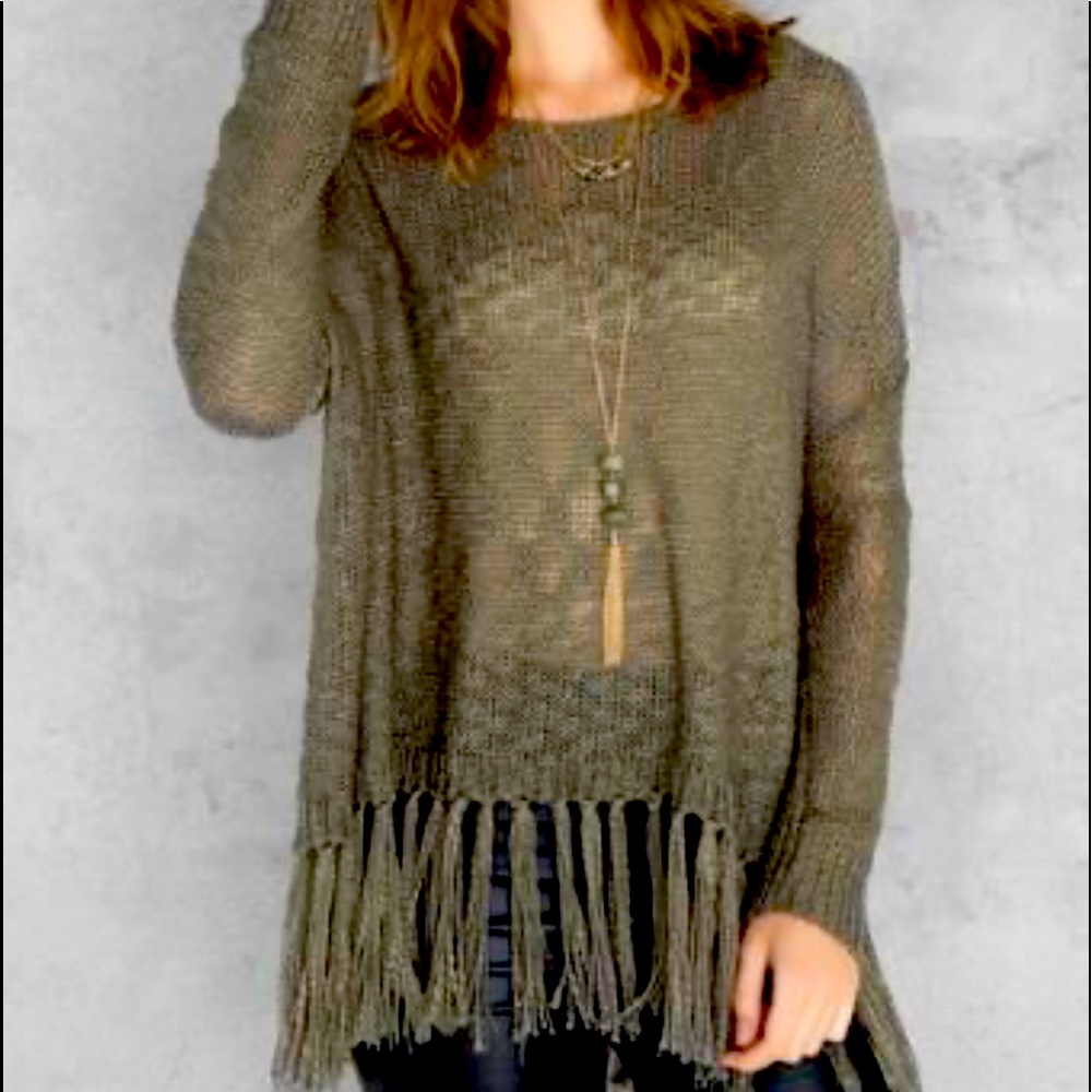 Francesca’s Atwood Pullover Fringe Sweater green